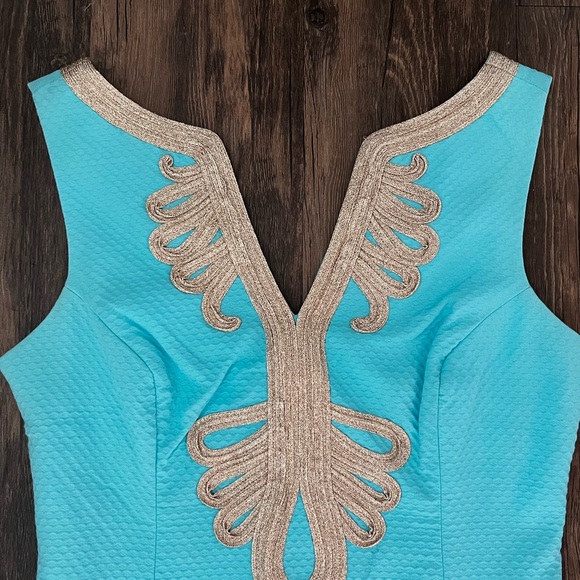 Lilly Pulitzer Blue and Gold Plunge Neckline Dress - Picture 2 of 5